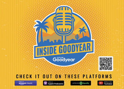 The Inside Goodyear podcast logo. A yellow and blue sign with a microphone on it.Has the text "Check It Out On These Platforms" and then logos for Amazon Music, Apple Podcasts, Spotify and YouTube