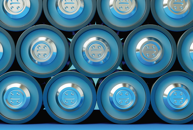 3D render of many lithium cell batteries. Storage of glossy rechargeable accumulators.