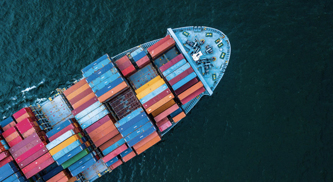 Aerial top view container cargo ship in import export business commercial trade logistic and transportation of international by container cargo ship in the open sea, Container cargo freight shipping.