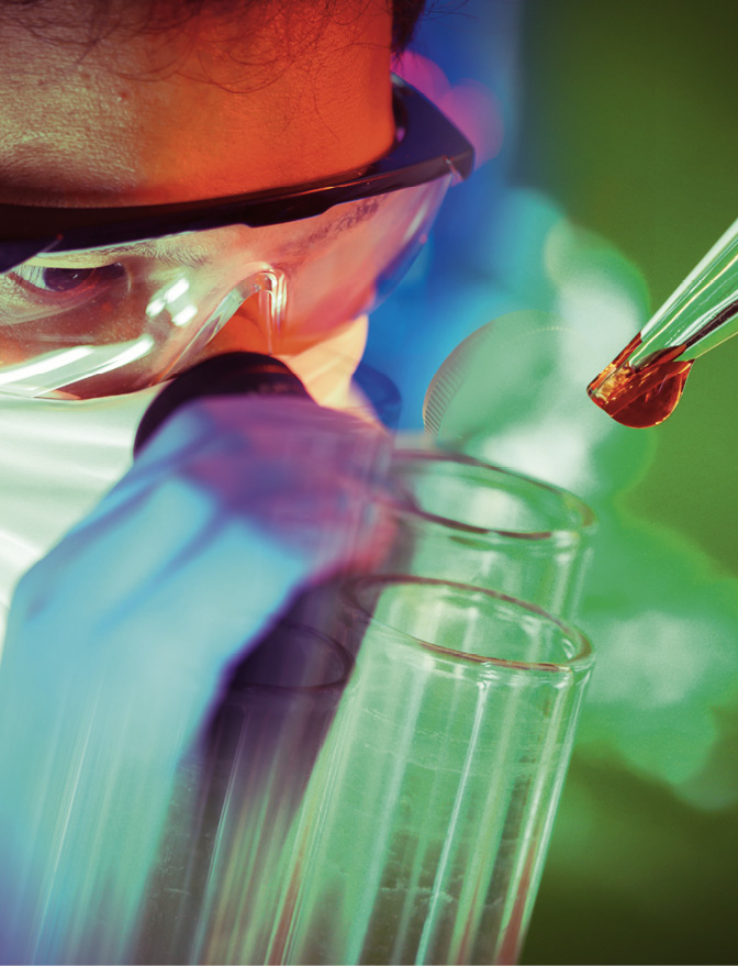 Laboratory concept,scientist working merge with chemical glass ware and color process.