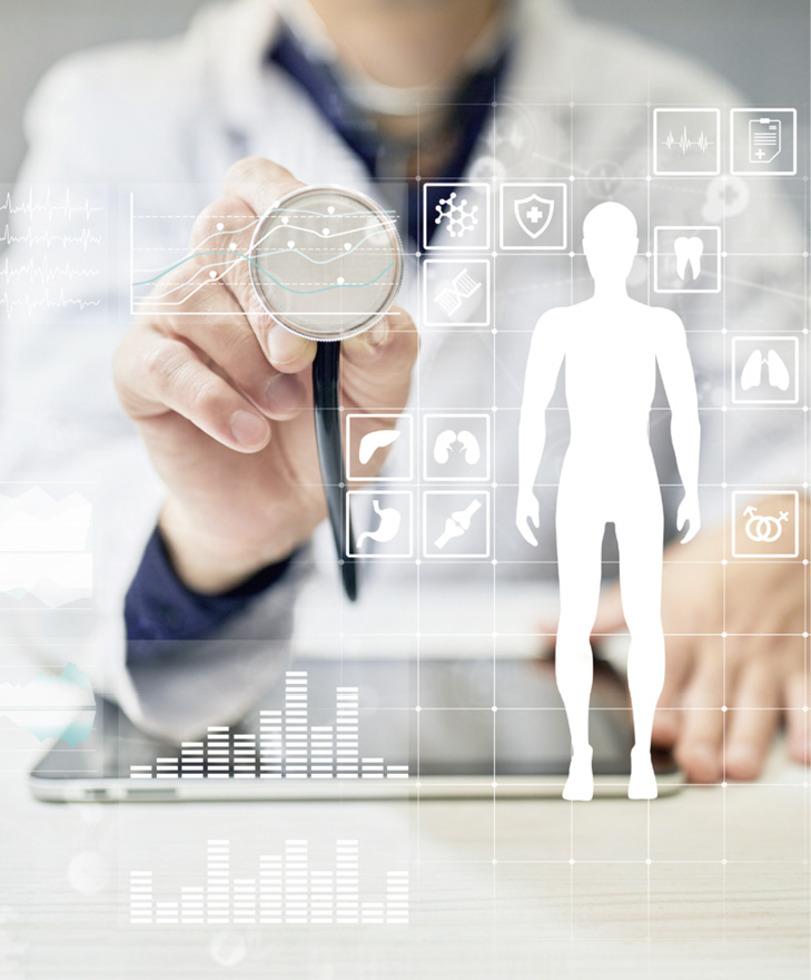 Doctor using modern computer with Medical record diagram on virtual screen concept. Health monitoring application.