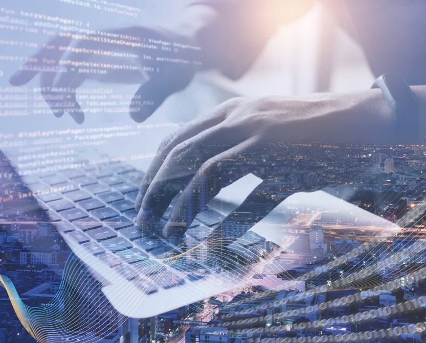 Digital technology, software development, IoT concept. Double exposure, man programmer, software developer managing project on laptop computer and smart city with binary, big data and computer code.