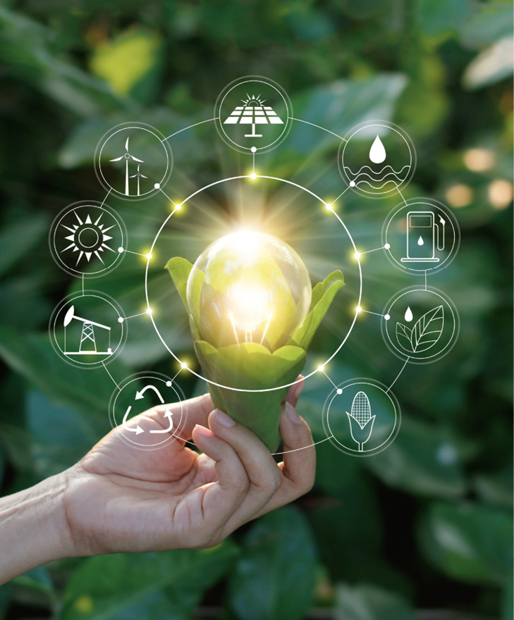 Hand holding light bulb against nature on green leaf with icons energy sources for renewable, sustainable development. Ecology concept. Elements of this image furnished by NASA. 