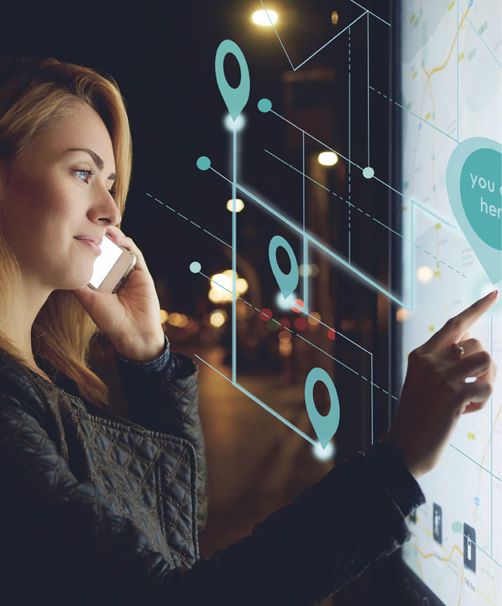 Smart city things icons mesh on city traffic night background and wireless communication network, business district with expressway and highway. (Business and Internet concept).