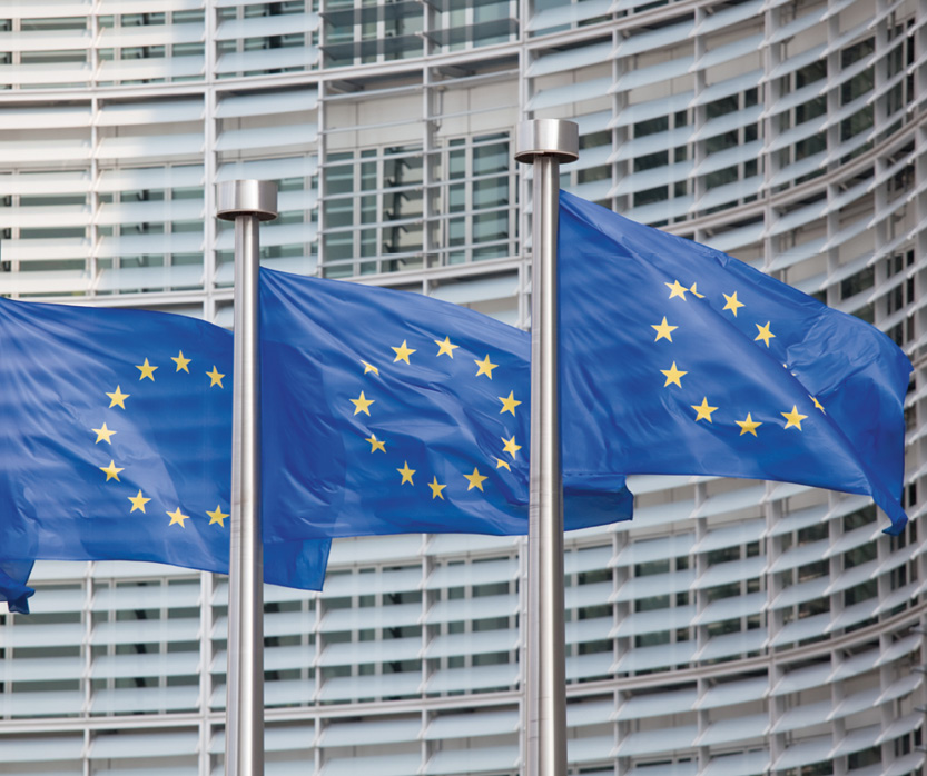 Flags in front of the EU Commission building in Brussels.