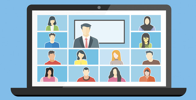 Online Class. Follow a webinar from home via Teleconference Web Video Conference Call During Coronavirus COVID-19 Pandemic Outbreak Display on Screen.