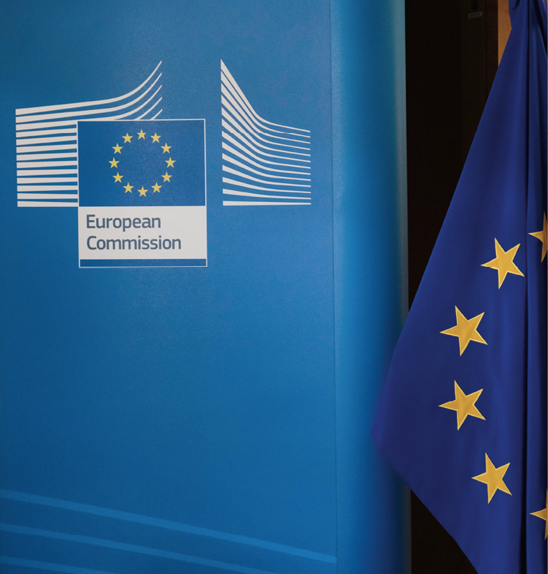 Brussels, Belgium. 28th January 2020. Flag of EU stands in European Commission Headquarters.