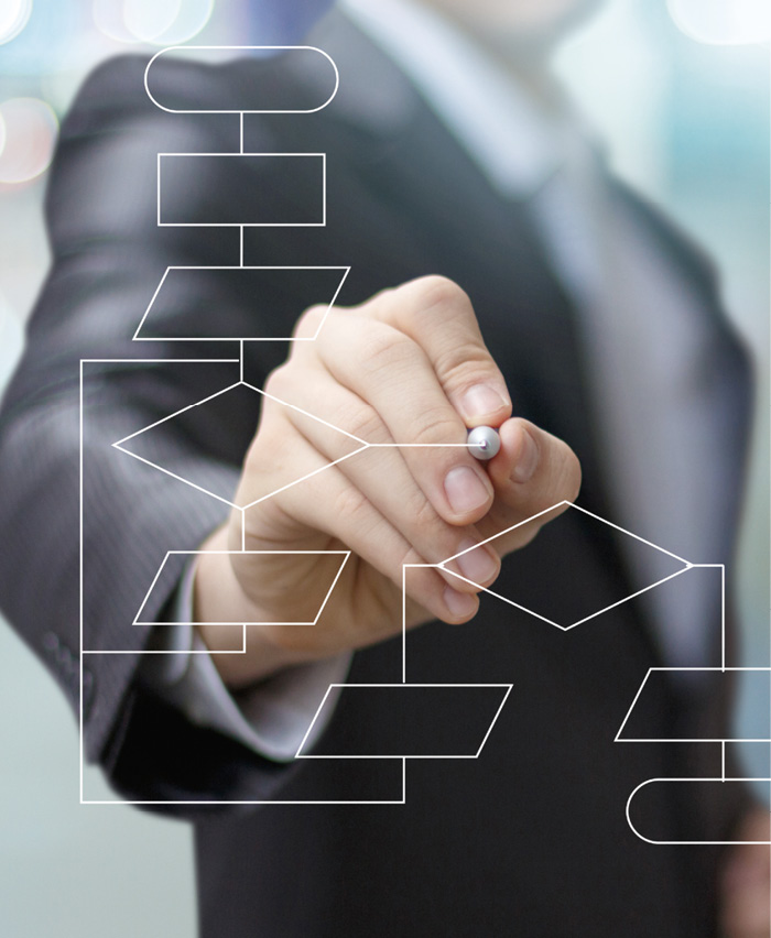 Business process and workflow automation with flowchart, businessman in background.