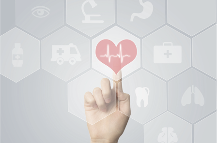 Hand touching E-Health symbol connected to health.