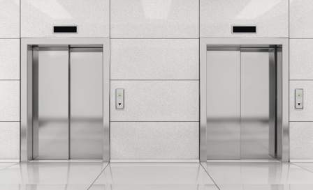 Two Modern Elevator or Lift with Metal Doors in Office Building extreme closeup. 3d Rendering.