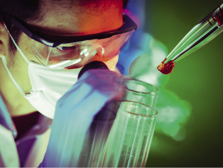 Laboratory concept, scientist working merge with chemical glass ware and color process.