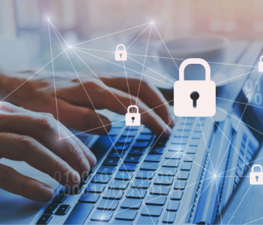 Blockchain technology concept with diagram of chain and encrypted blocks. close up of business man hand working on laptop computer with social media diagram on wooden desk.