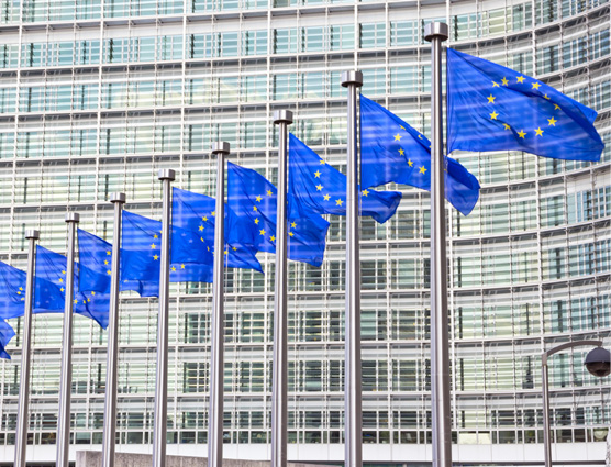 Flags in front of the EU Commission building in Brussels.